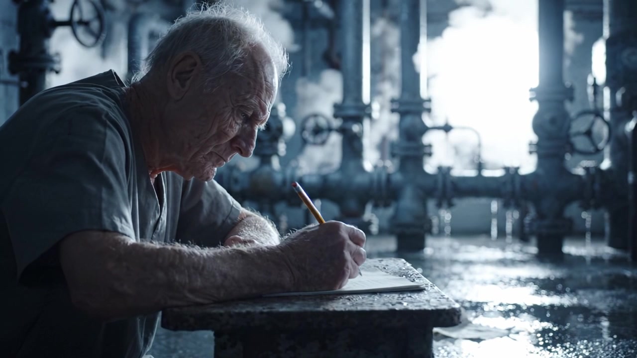 Un Uomo Anziano Concentrato Assorto nella Scrittura in un Contesto Industriale tra Tubi e Umidità, Riflettendo Pensieri e Ricordi su Carta.