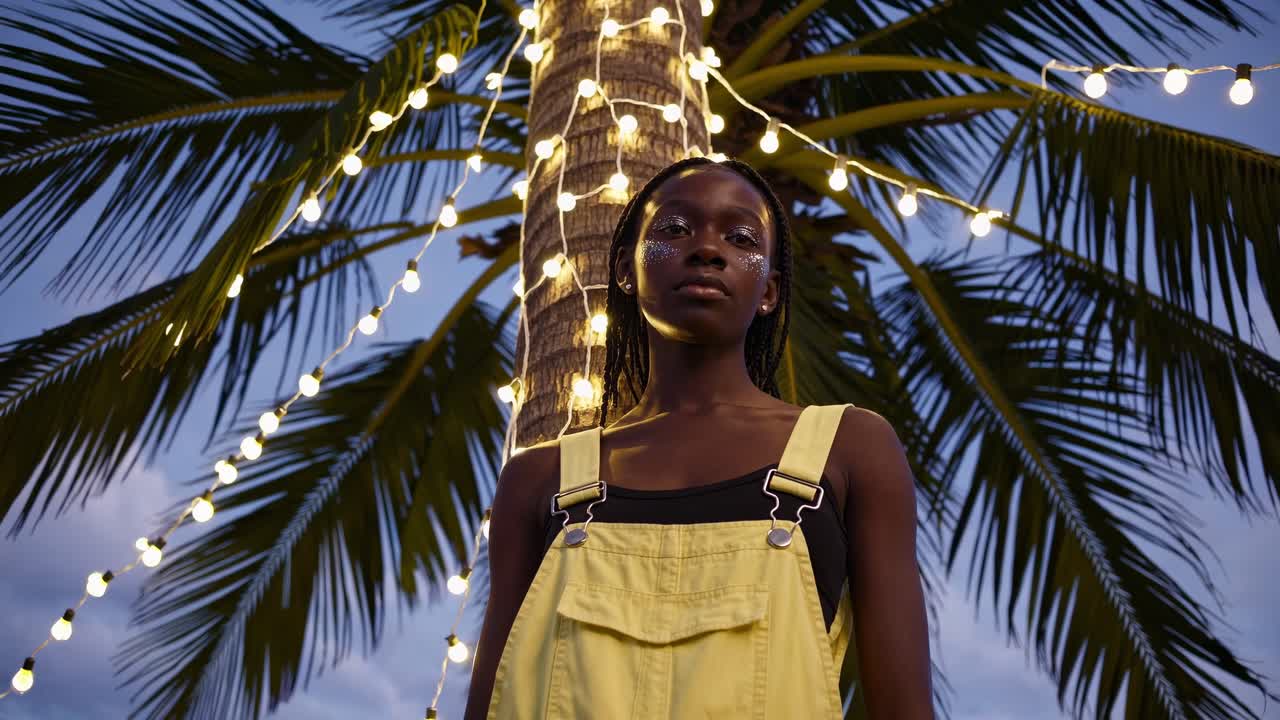 Young Woman in Yellow Overalls under Palm Tree at Night
