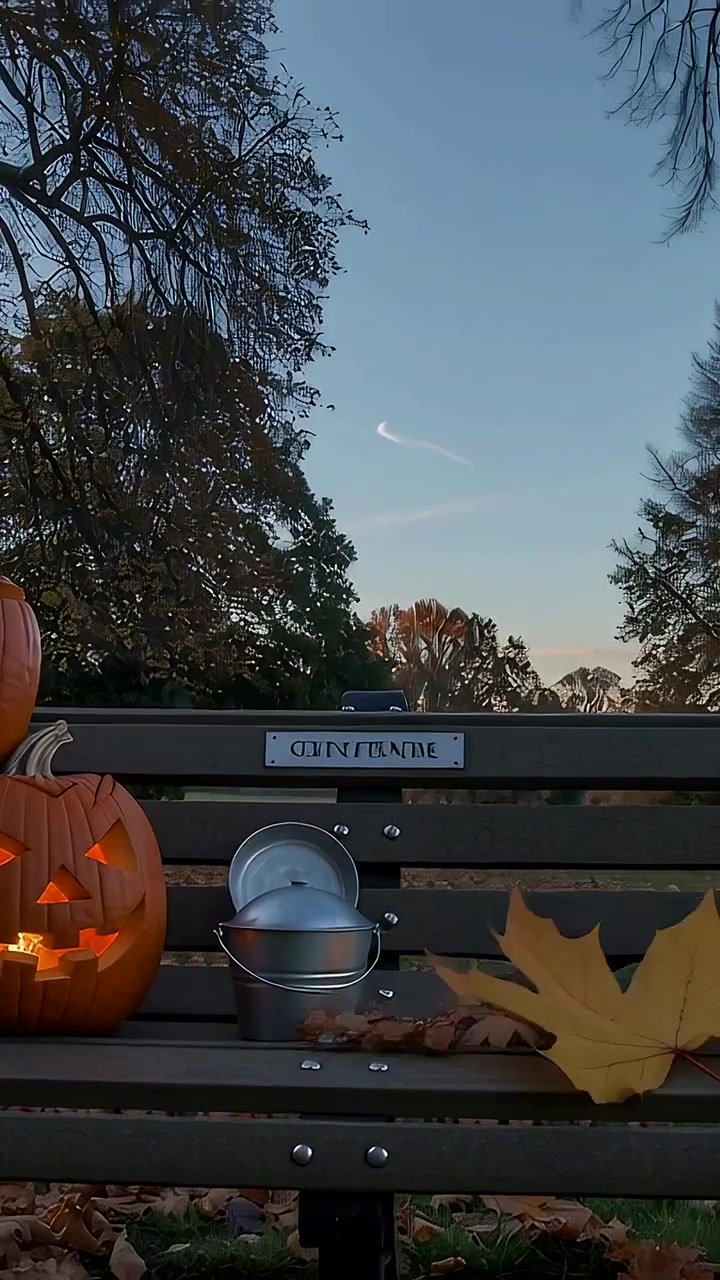 Video verticale: Foglia trasportata dal vento che attraversa una panchina del parco, posandosi vicino a una zucca di Halloween illuminata e secchielli