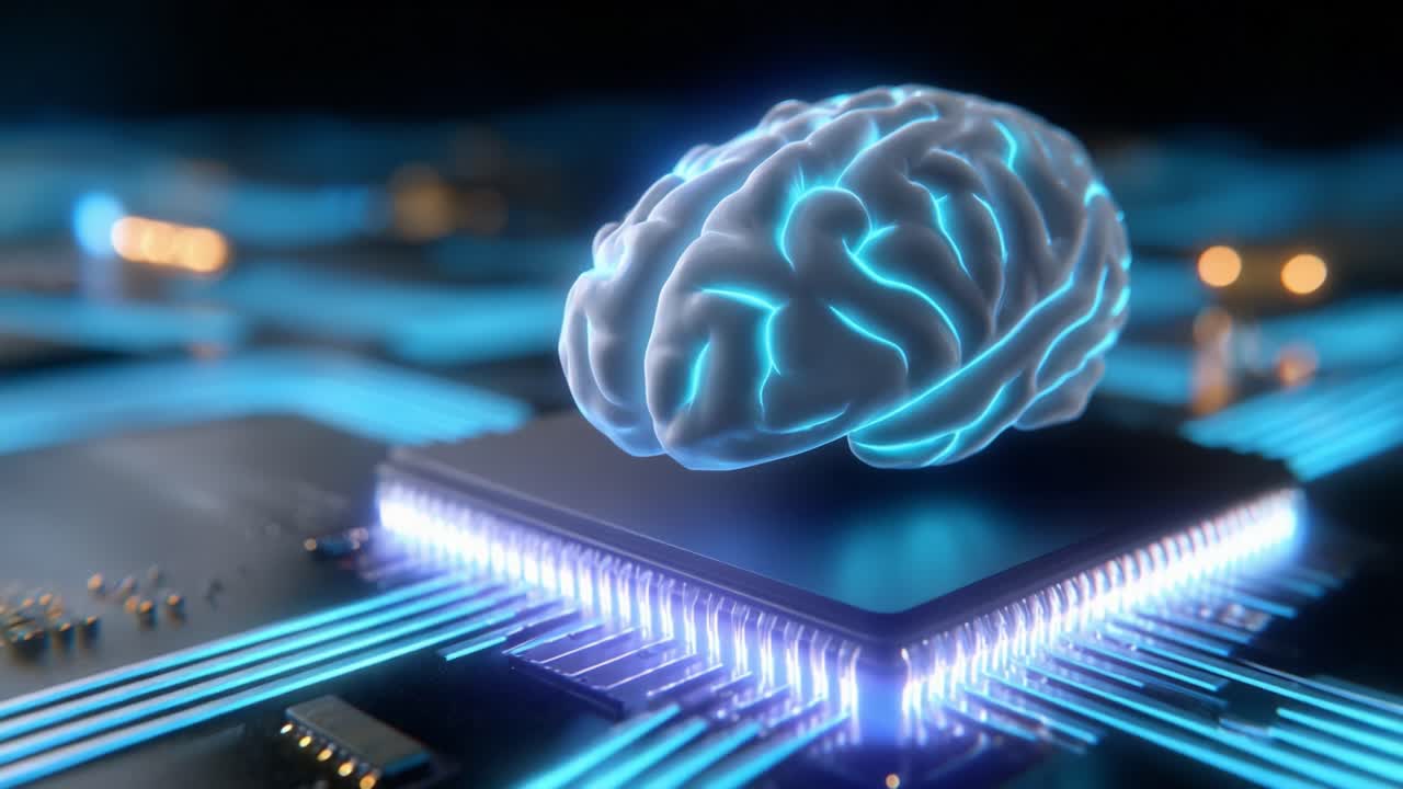 An Artistic Representation of a Brain Superimposed on a Microprocessor Chip, Combining Elements of Neuroscience and Technology to Illustrate the Concept of Artificial Intelligence and Cognitive Computing