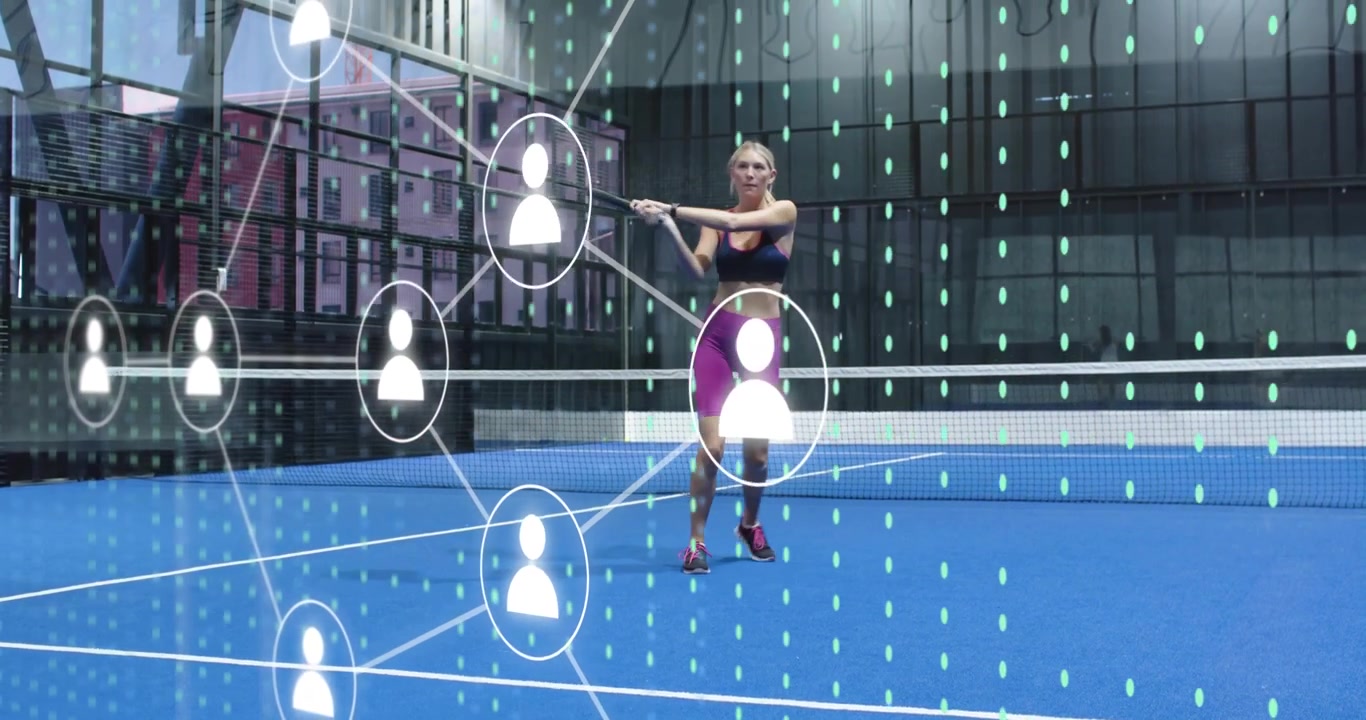 Ball crossing net causing woman swinging forehand while icons streaming across court for technology