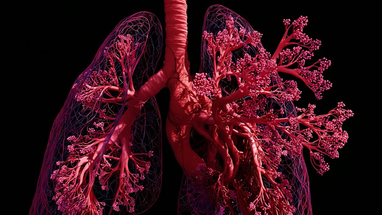 Illustrazione dettagliata dei polmoni umani che mostra l'intricato albero bronchiale e le strutture alveolari in colori vivaci e un'estetica moderna, enfatizzando la funzione respiratoria e l'anatomia