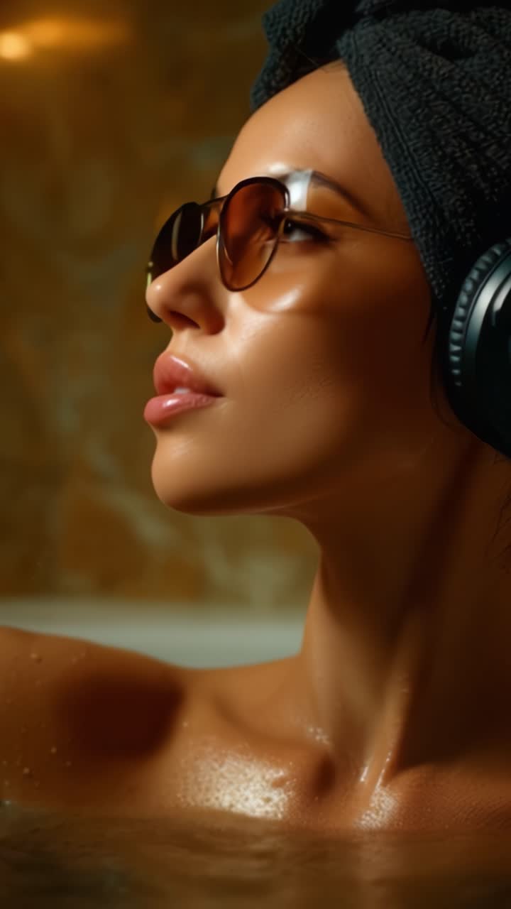 Relax con Stile: Un Ritratto Ravvicinato di una Donna con Occhiali da Sole e Cuffie in un Ambiente da Bagno Sereno che Emana Calma ed Eleganza.