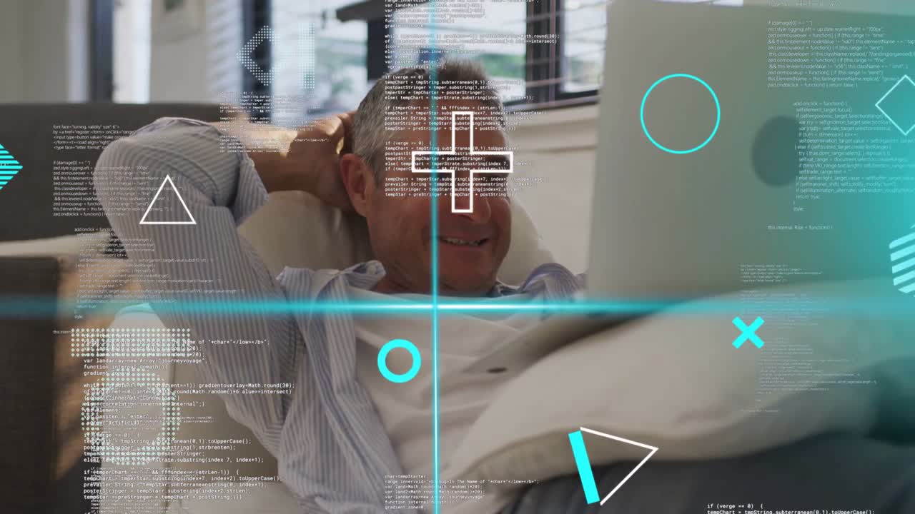 Mature man adjusting laptop reclining on sofa, viewing tech while code and teal crosshair centering
