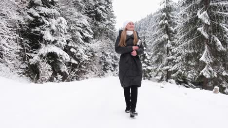 a young woman who is warmly dressed she walks in the winter forest and enjoys the winter a young woman who is warmly dressed she walks in the winter forest and enjoys the winter snowy winter road mountain tourism concept