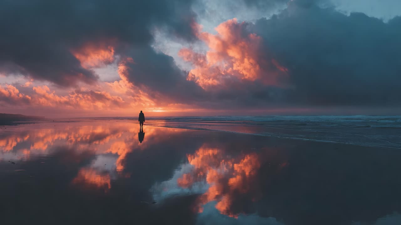 A solitary figure stands on a tranquil beach at sunset, surrounded by striking reflections and dramatic clouds illuminated by vibrant colors on the horizon