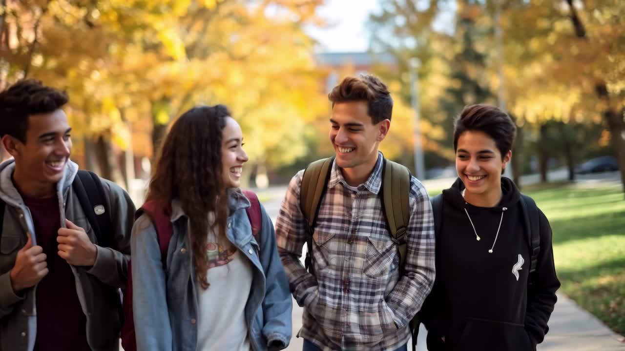 En gruppe tenåringsvenner spaserer gjennom et campus, ler og nyter en solrik høstdag