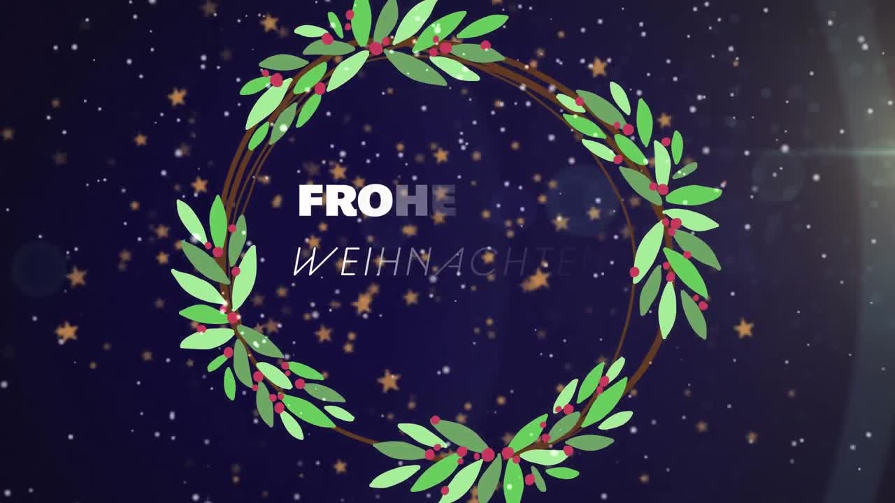 animación del texto de frohe weihnachten sobre la nieve que cae