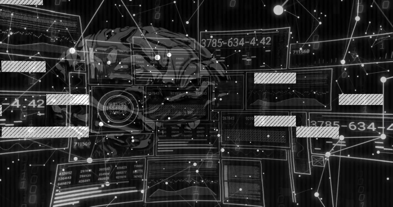 Wireframe brain emerging center grid flickering bars sliding and codes updating displaying data