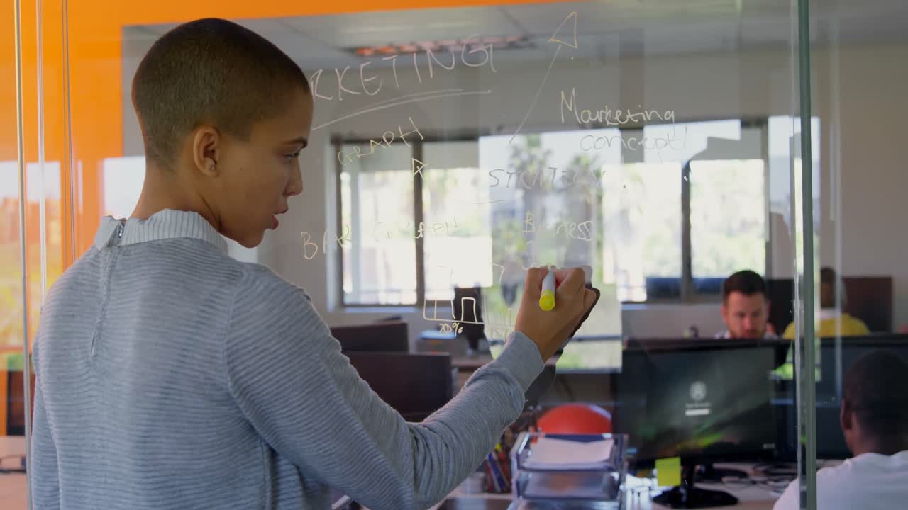 Rear view of young caucasian female executive writing on glass wall in modern office 4k