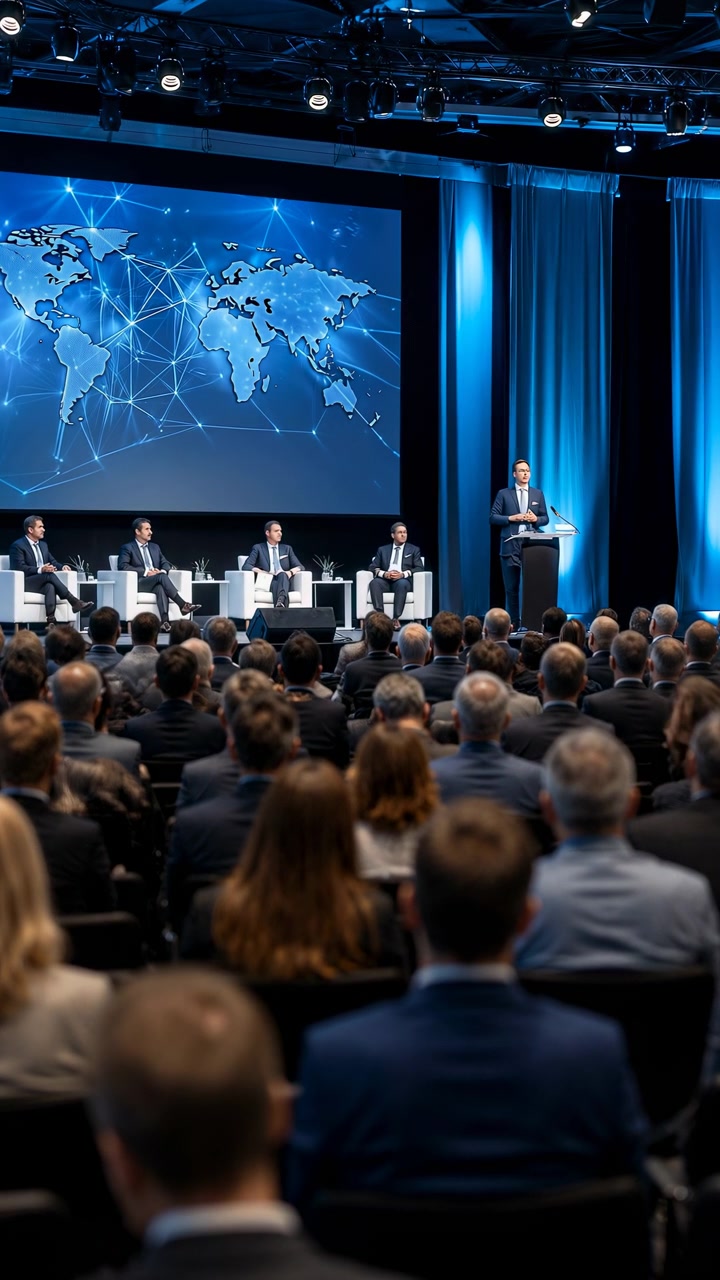 Ampio pubblico seduto in una sala conferenze buia di fronte a una tavola rotonda sul palco, con uno schermo astratto blu luminoso dietro gli oratori e alte strutture.