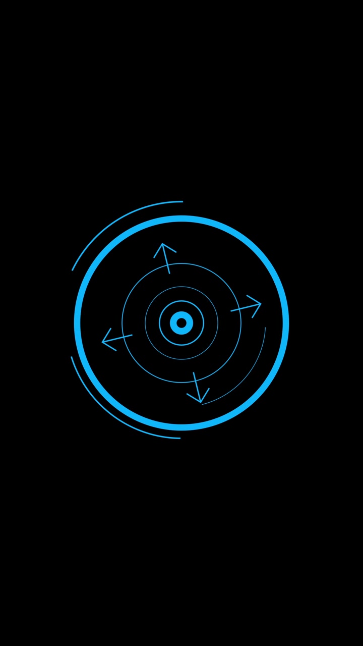 Elemento animato di display heads-up con cerchi blu, archi rotanti e frecce della bussola. Loop continuo per interfaccia di navigazione, tecnologia o fantascienza. Isolato su sfondo nero, formato verticale.
