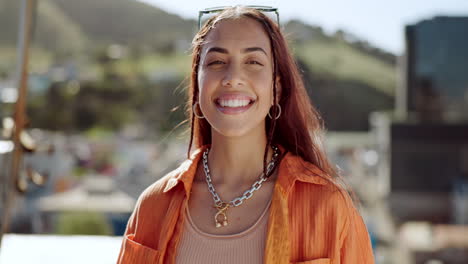 Woman-smile-and-city-of-a-person-on-a-roof-feeling