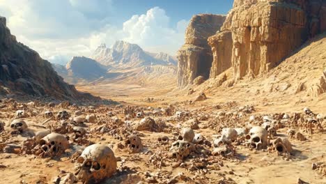 a large group of skulls in the middle of a desert