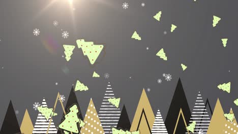 Digital-animation-of-multiple-christmas-tree-icons-and-snowflakes-falling-against-multiple-christmas