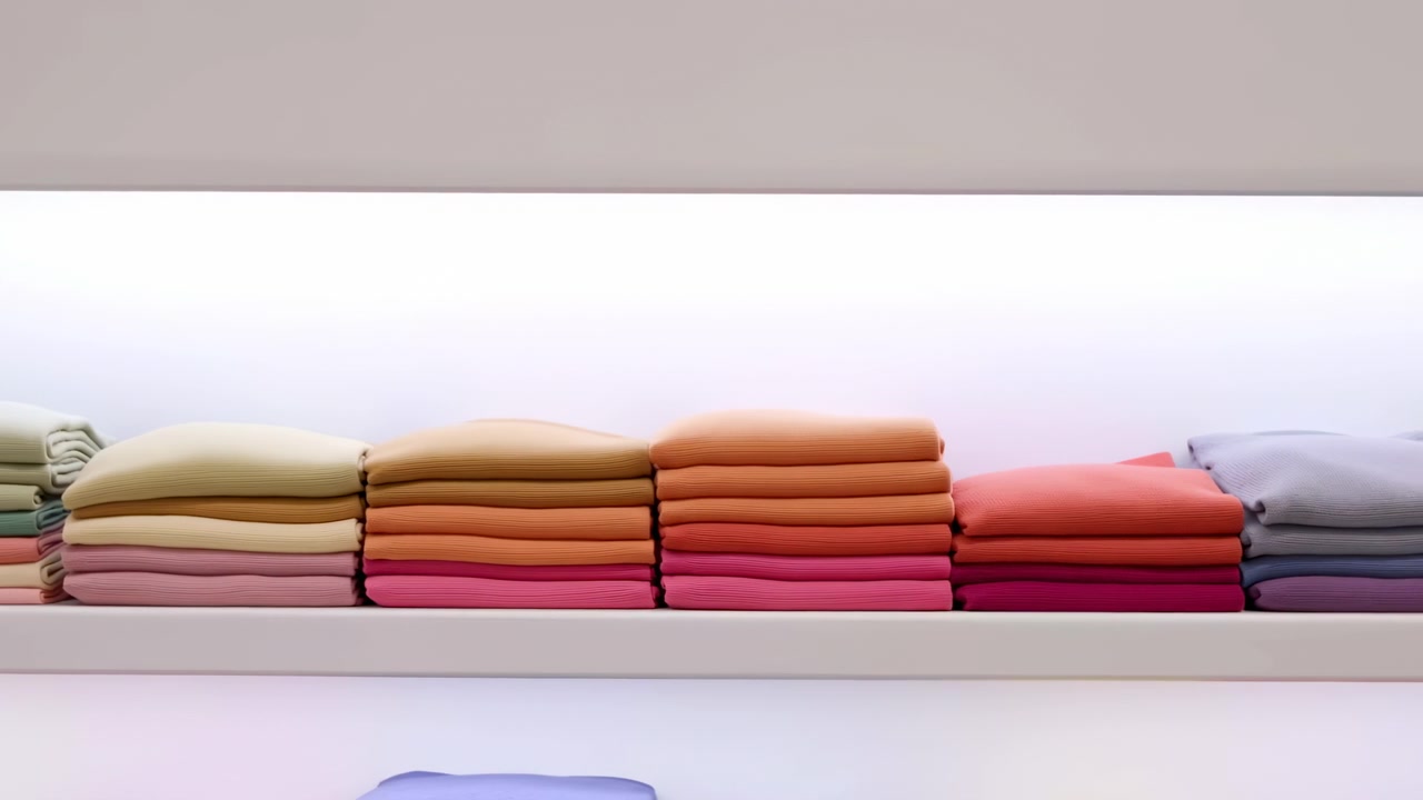 Front-facing retail shelf filled with neatly folded knit garments arranged in horizontal stacks that stay unchanged across view, showing compact aligned piles, ribbed texture, and smooth color