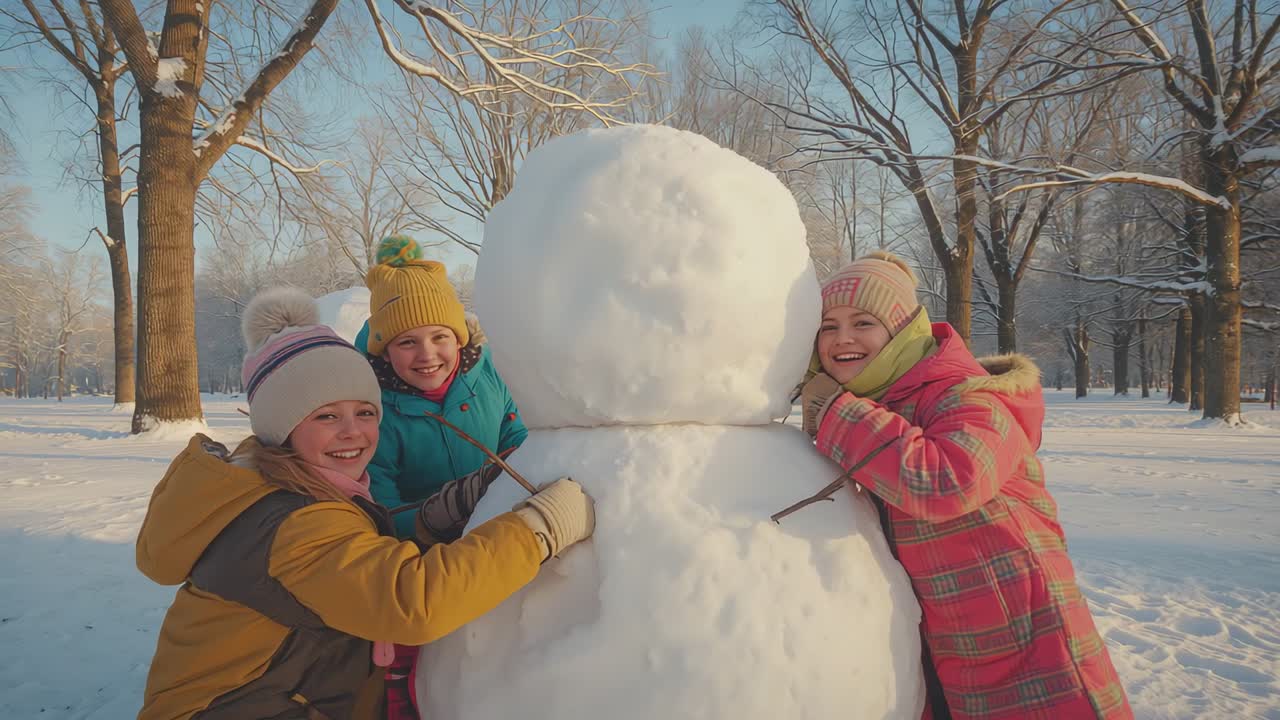 Mustard coat girl kneeling pressing stick arm into snowman at park to finish arms while snuggling