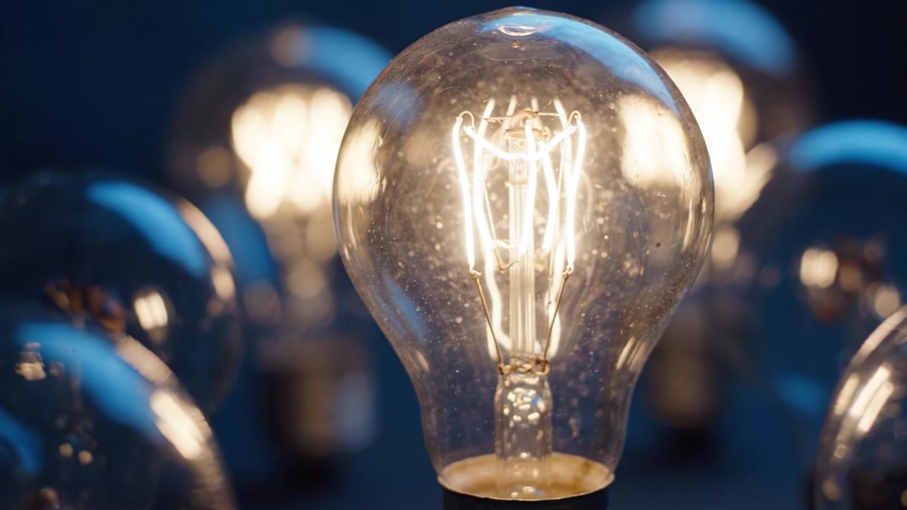 Lâmpadas Iluminadas Exibem um Brilho Intenso em um Cenário Escuro, Capturando a Beleza e a Complexidade de Designs de Filamento Vintage com Padrões Hipnotizantes