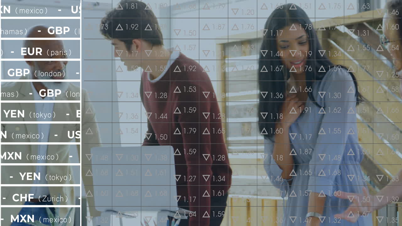 Business people discussing in office with currency exchange rates animation overlay