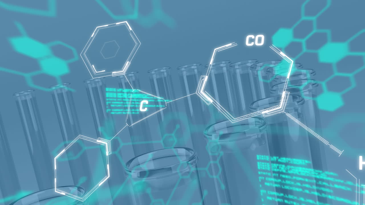 파란색 배경에 대한 실험 튜브에서 화학 구조 및 데이터 처리의 애니메이션