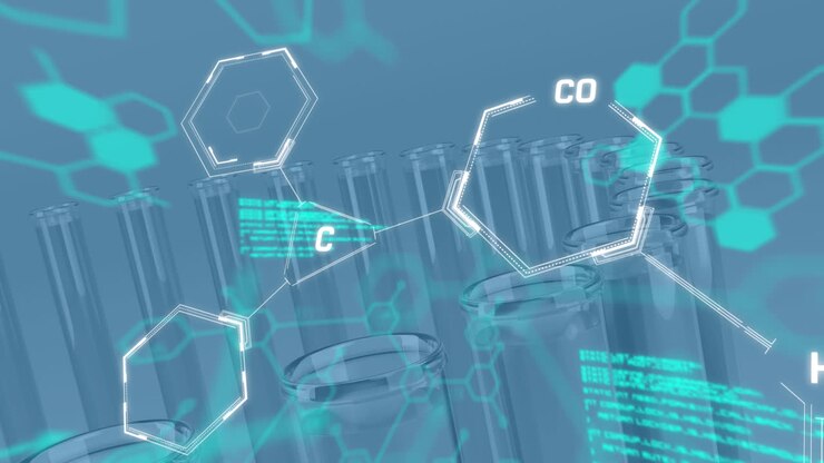 Animation of chemical structures and data processing over test tubes against blue background