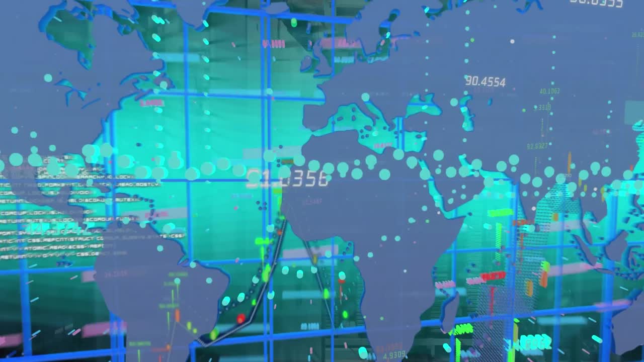 그래프, 데이터 및 세계 지도의 애니메이션을 녹색 디지털 화면에