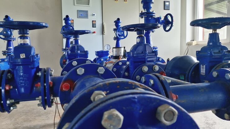 Valvole e condotte di una stazione di pompaggio per acqua potabile in una sala industriale