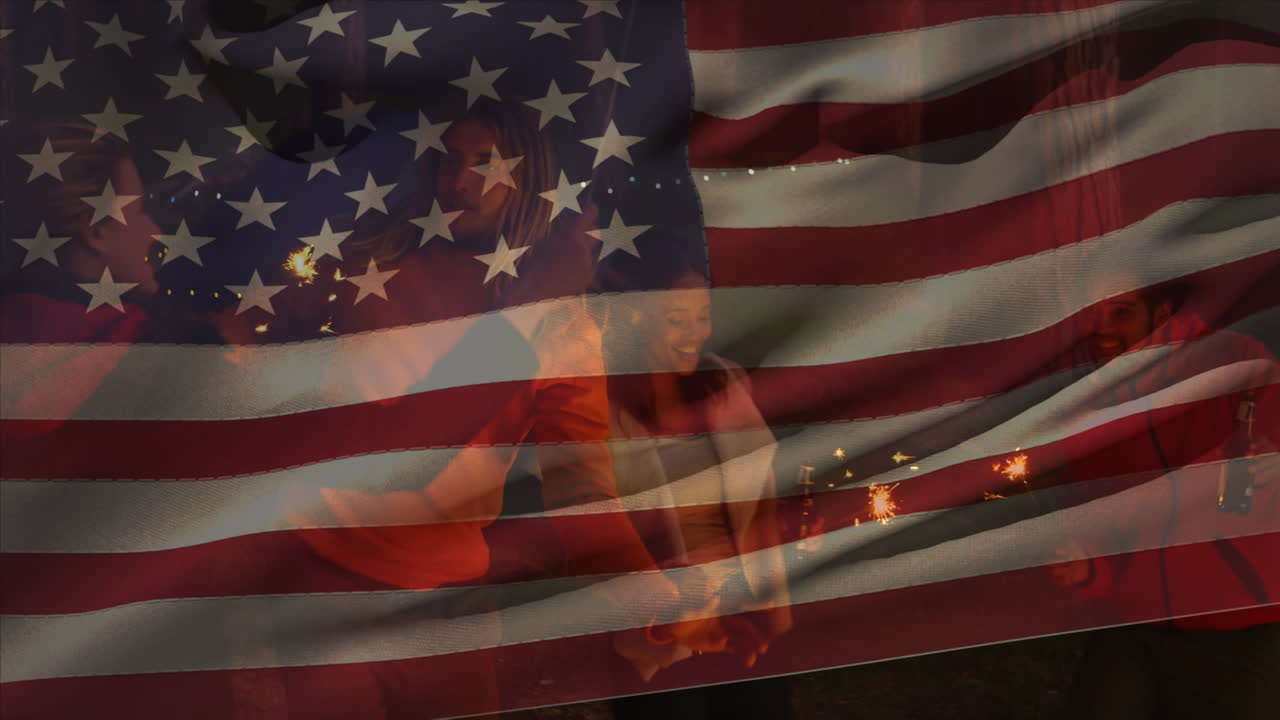 해변에서 친구 그룹 위에 미국  ⁇ 발을 흔드는 애니메이션