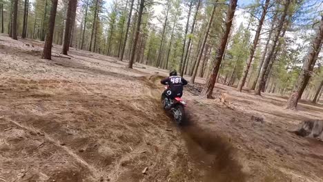 race drone follows male dirt bike motorcycle rider through forest trees, 60fps