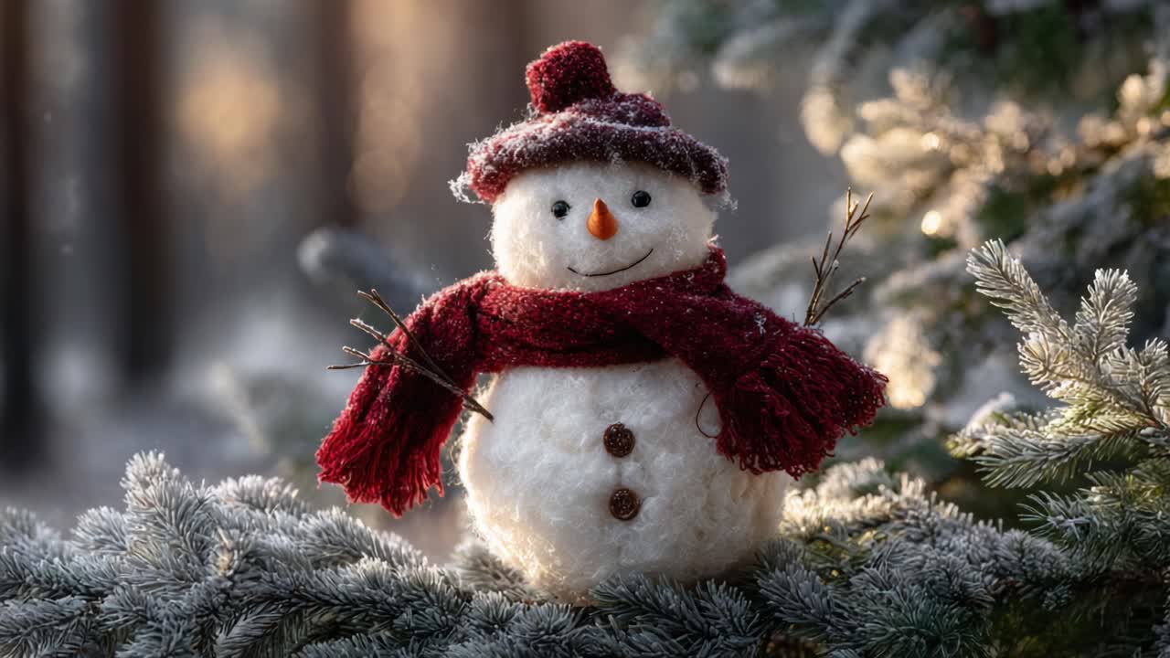 A Cheerful Snowman Decorated with a Red Scarf and Hat, Surrounded by Frosty Evergreen Branches in a Beautiful Winter Landscape