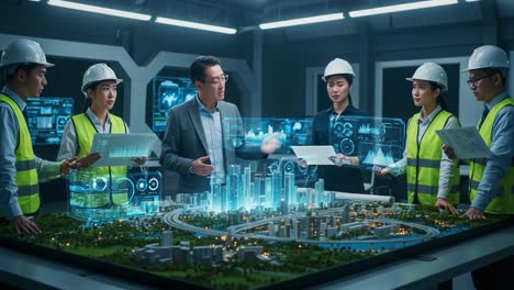 innovative team collaborating on smart city project with augmented reality models and detailed data analytics for urban development and planning