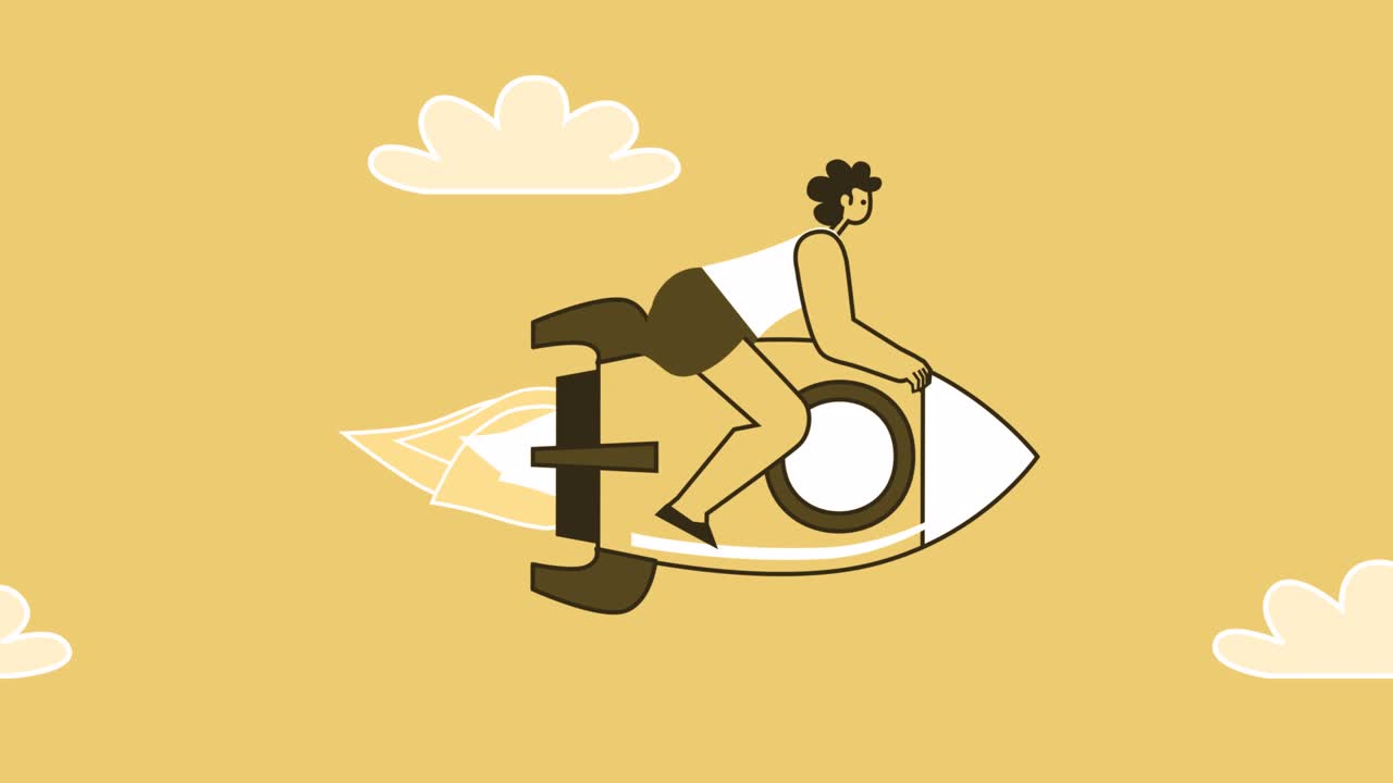 Yellow Style Woman Flat Character  on Rocket Flies Out of Smartphone. Isolated Loop Animation with Alpha Channel