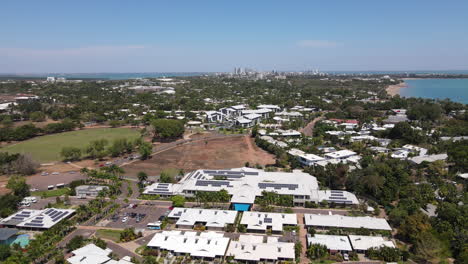 aerial drone shot of fannie bay and darwin skyline, in northern territory