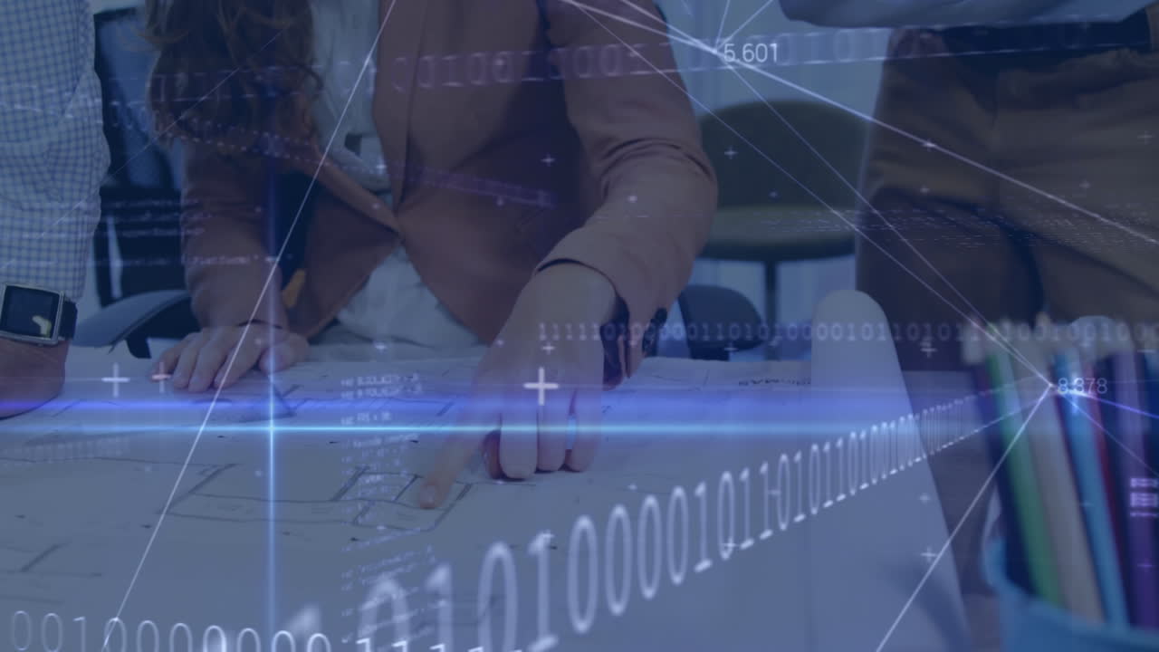 다양한 사업가들이 대화하고 일하는 중간 부분을 가로지르는 연결 네트워크의 애니메이션