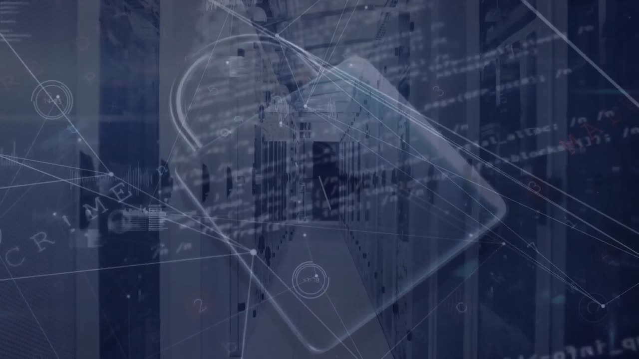 Animation of security padlock icon, network of connections and data processing against server room