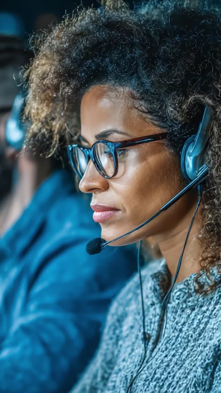 Profissional focada trabalhando com headset: imersa em um ambiente tecnológico e colaborativo, com ênfase na concentração e nas dinâmicas de trabalho em equipe