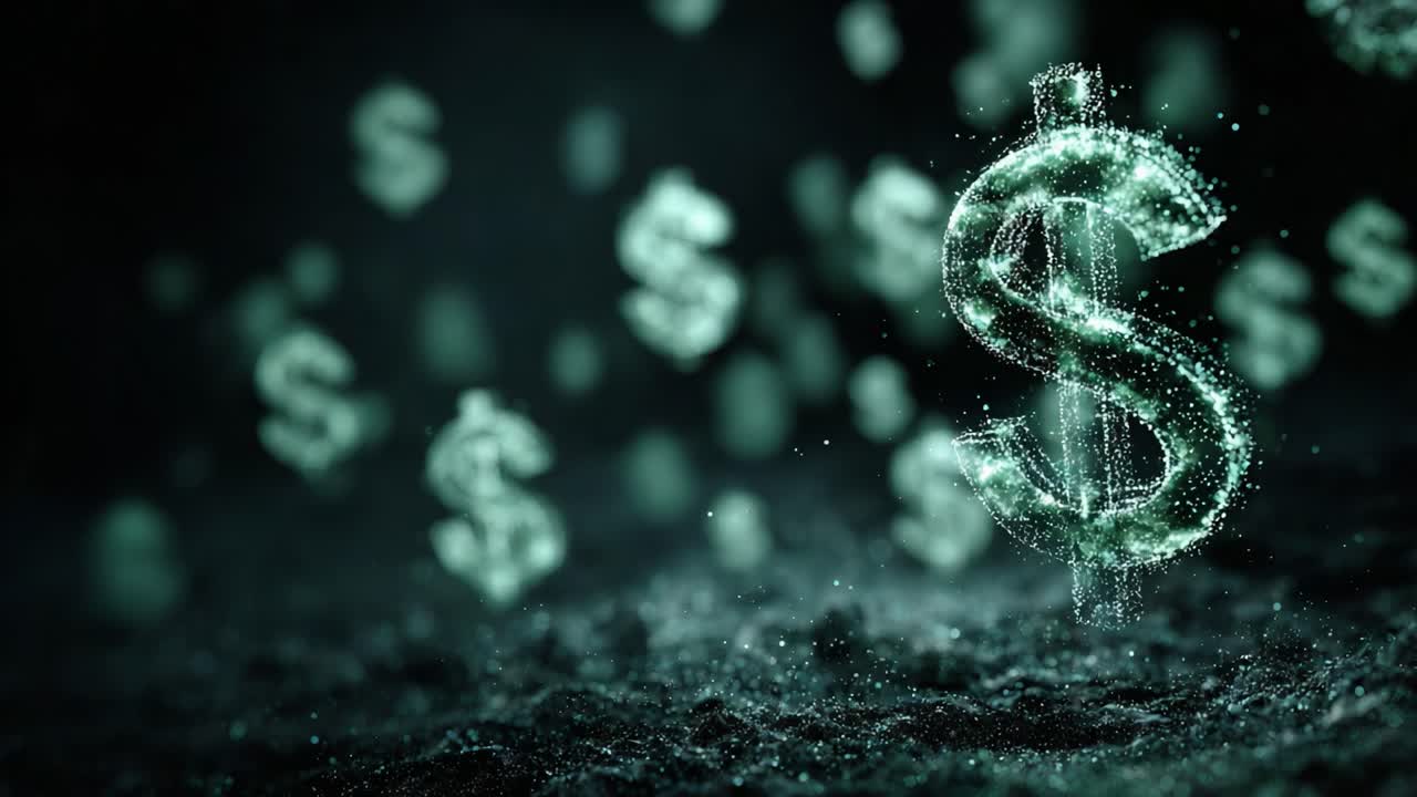 Un'accattivante visualizzazione di ricchezza e prosperità, con un simbolo del dollaro illuminato circondato da segni di dollaro fluttuanti, a simboleggiare crescita economica e successo finanziario.