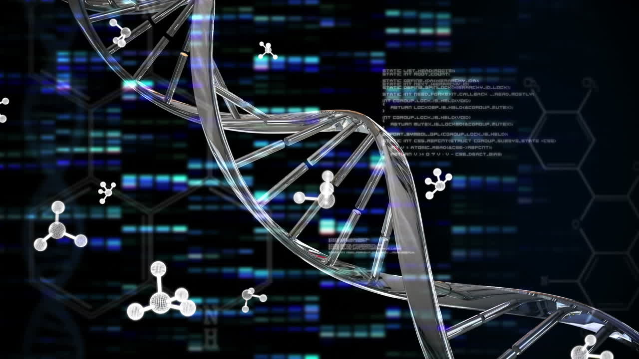 블랙 배경에 있는 dna 가닥과 움직이는 기둥 위의 분자 애니메이션과 데이터 처리