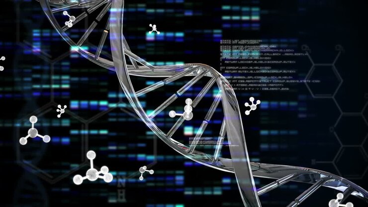 Animation of molecules and data processing over dna strand and moving columns on black background