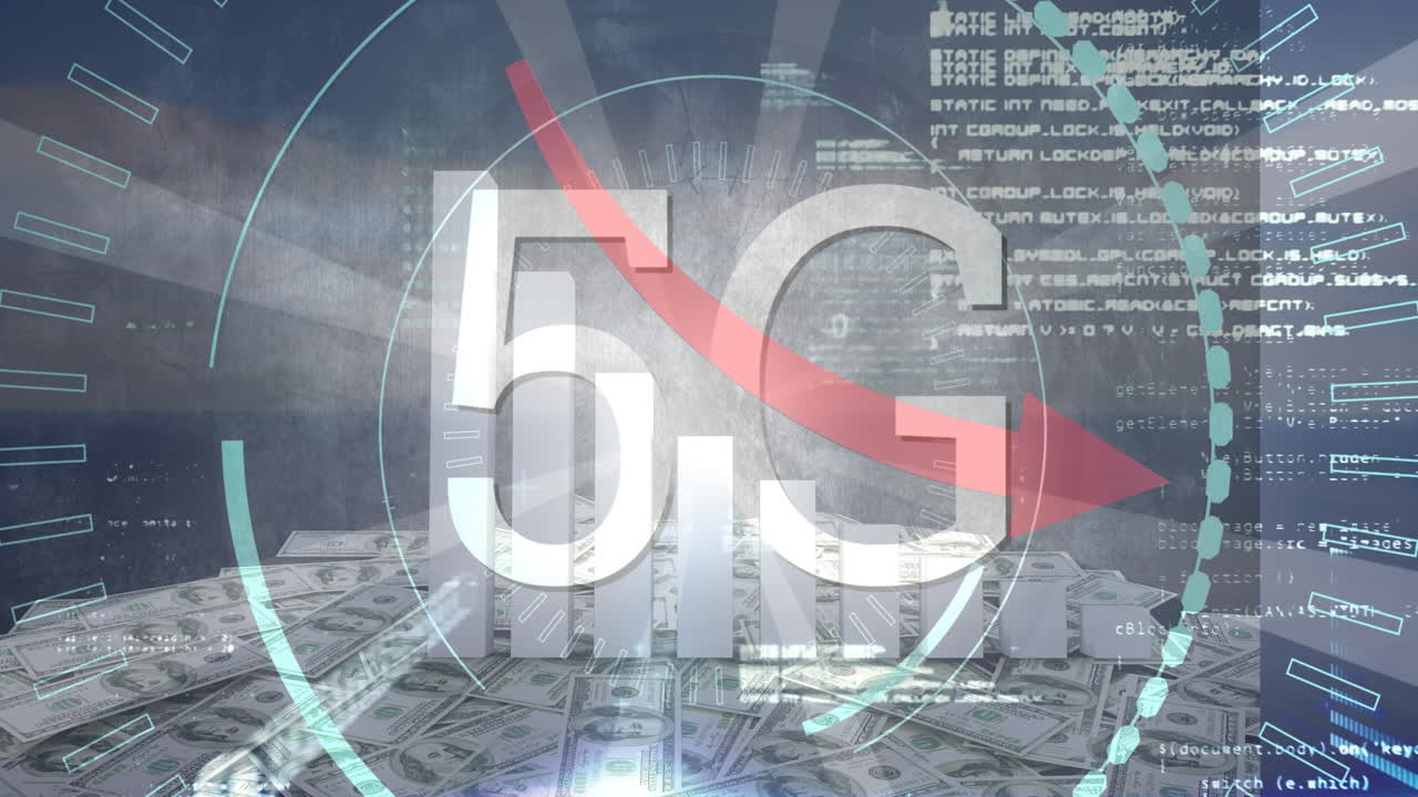 달러 지폐의 더미에 대항하여 회전하는 네온 둥근 스캐너 위에 5g 텍스트의 애니메이션