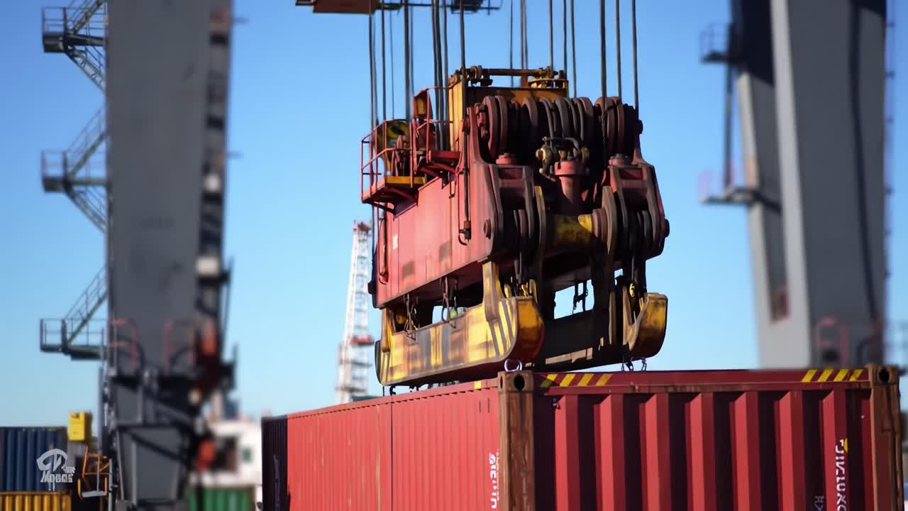 A large crane is seen lifting a heavy container at a bustling port. The sky is clear as various cranes work diligently in the background, emphasizing industrial activity.