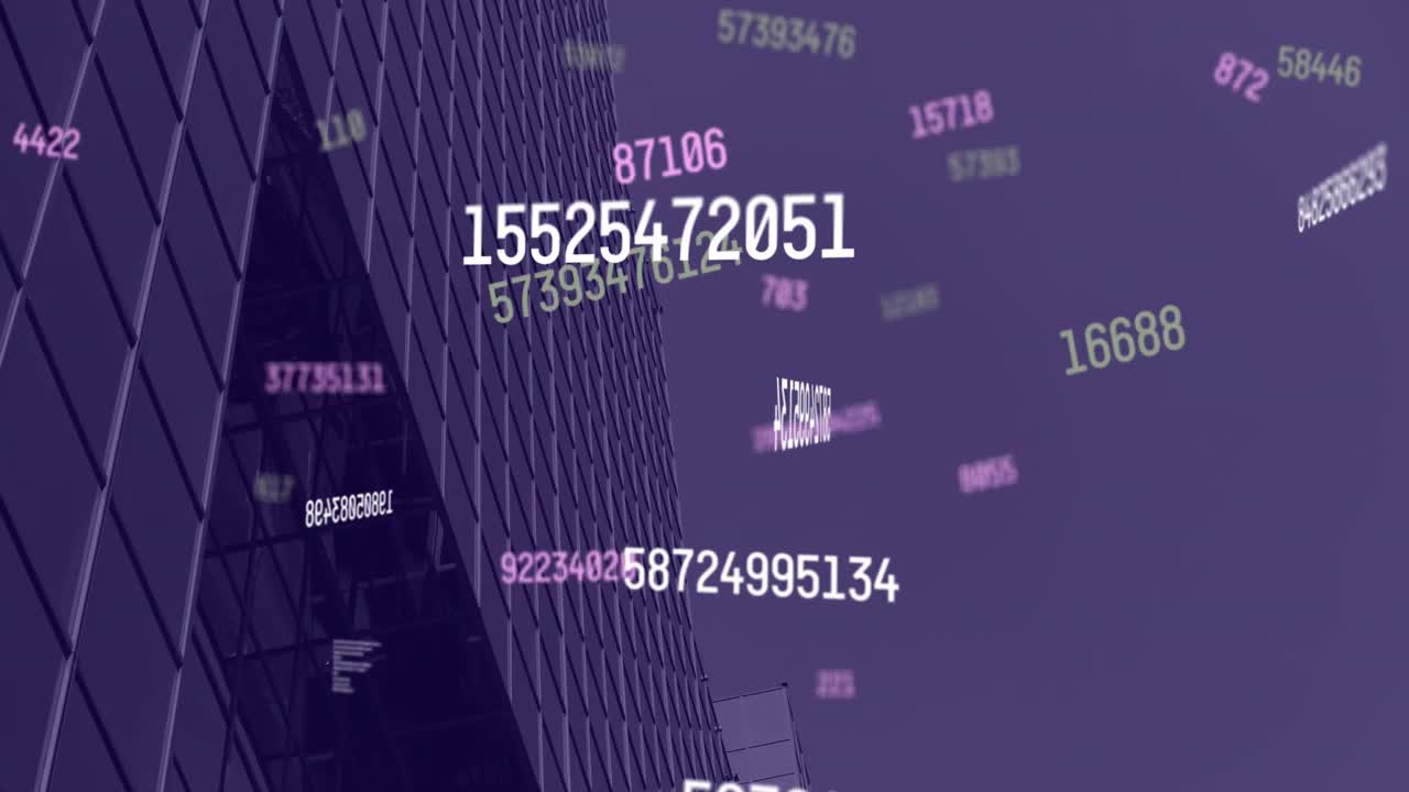 Animation of multiple changing numbers floating against low angle view of tall buildings