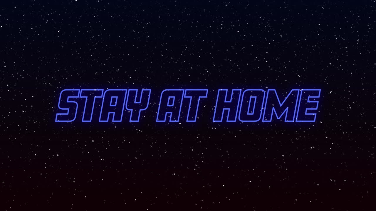 검은색 바탕에 파란색 네온 텍스트로 집에 머물러 있는 눈이 떨어지는 애니메이션