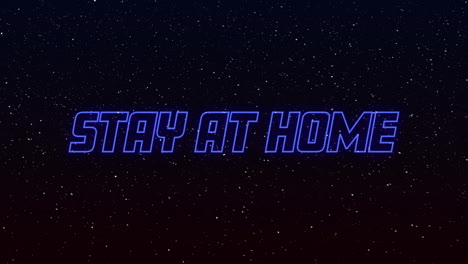 animation of snow falling over stay at home blue neon text on black background