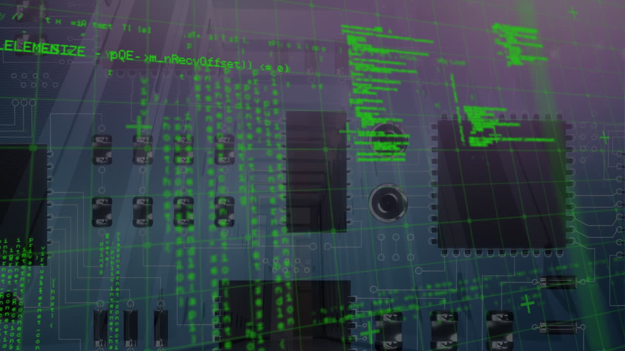 animación del procesamiento de datos a través de una placa de circuitos informáticos y una sala de servidores