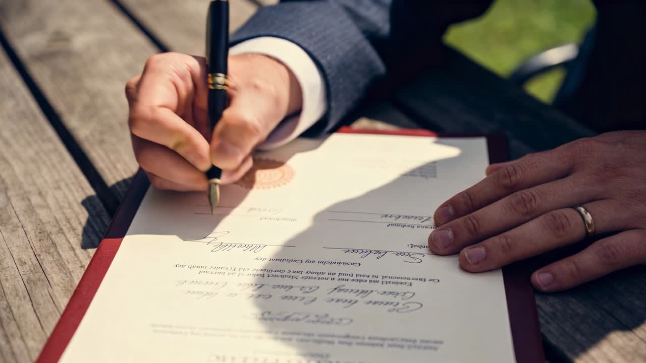 Vertical video: Holding gold pen poised, suited man signing certificate on wood bench, finalizing