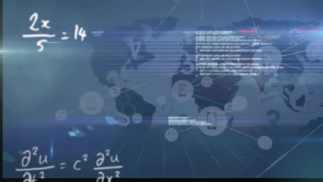 animación de ecuaciones, conexiones y procesamiento de datos sobre el mapa del mundo sobre fondo azul