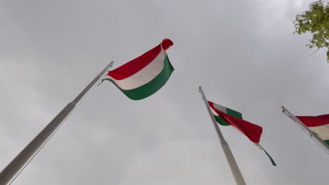 tres banderas húngaras en astas de bandera que soplan en el viento con nubes de tormenta en el fondo - cámara lenta de 120 fps