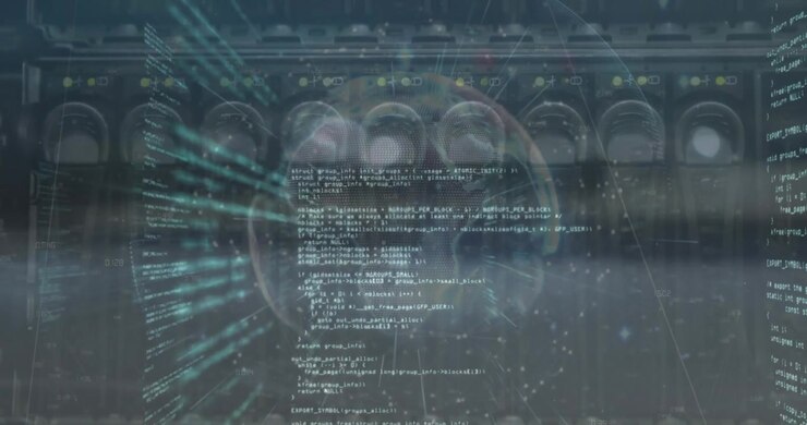 Animation of globe, dots and computer language over back panel of server data storage