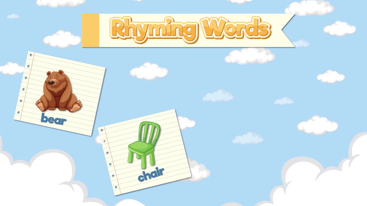 Animated educational graphics display rhyming words with cartoon illustrations against a blue cloudy sky background